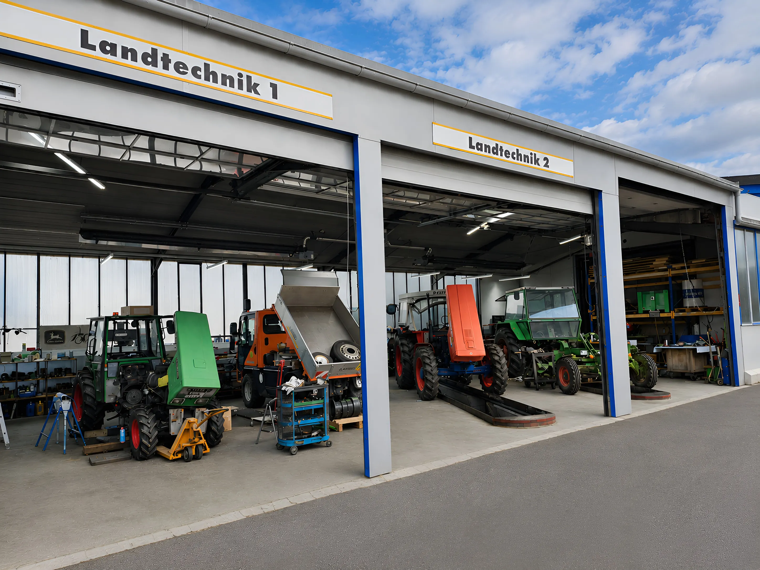 Landtechnik Hallen mit Traktoren und Maschinen