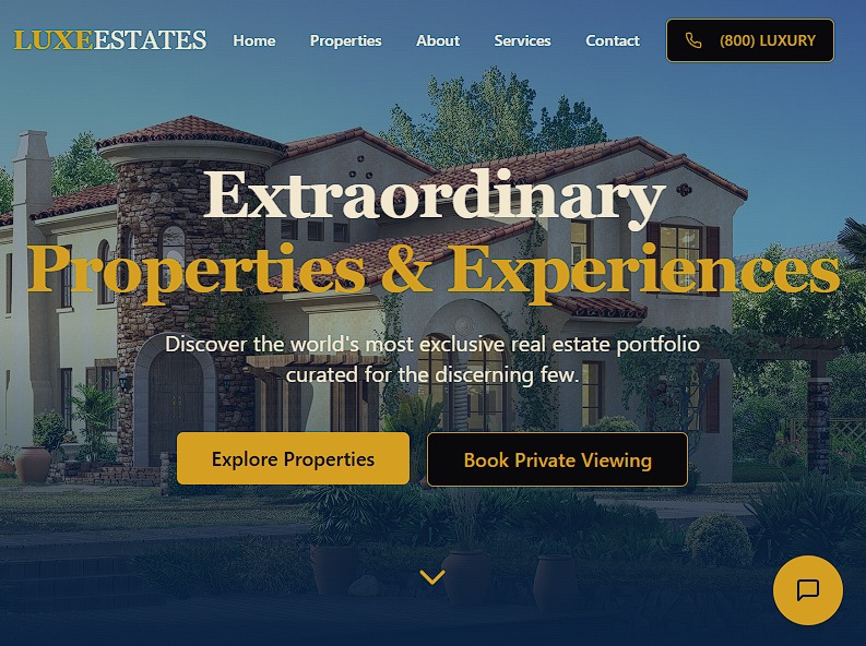 Luxe Estates homepage featuring a Mediterranean luxury mansion