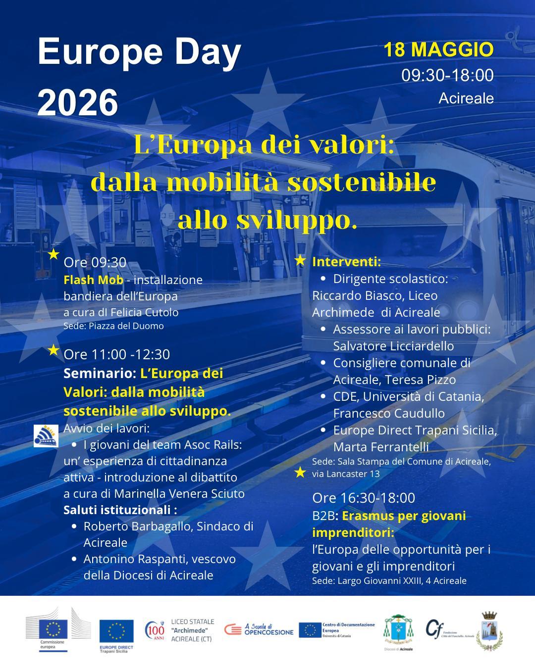 Europe Day 2026 event poster - L'Europa dei valori: dalla mobilità sostenibile allo sviluppo