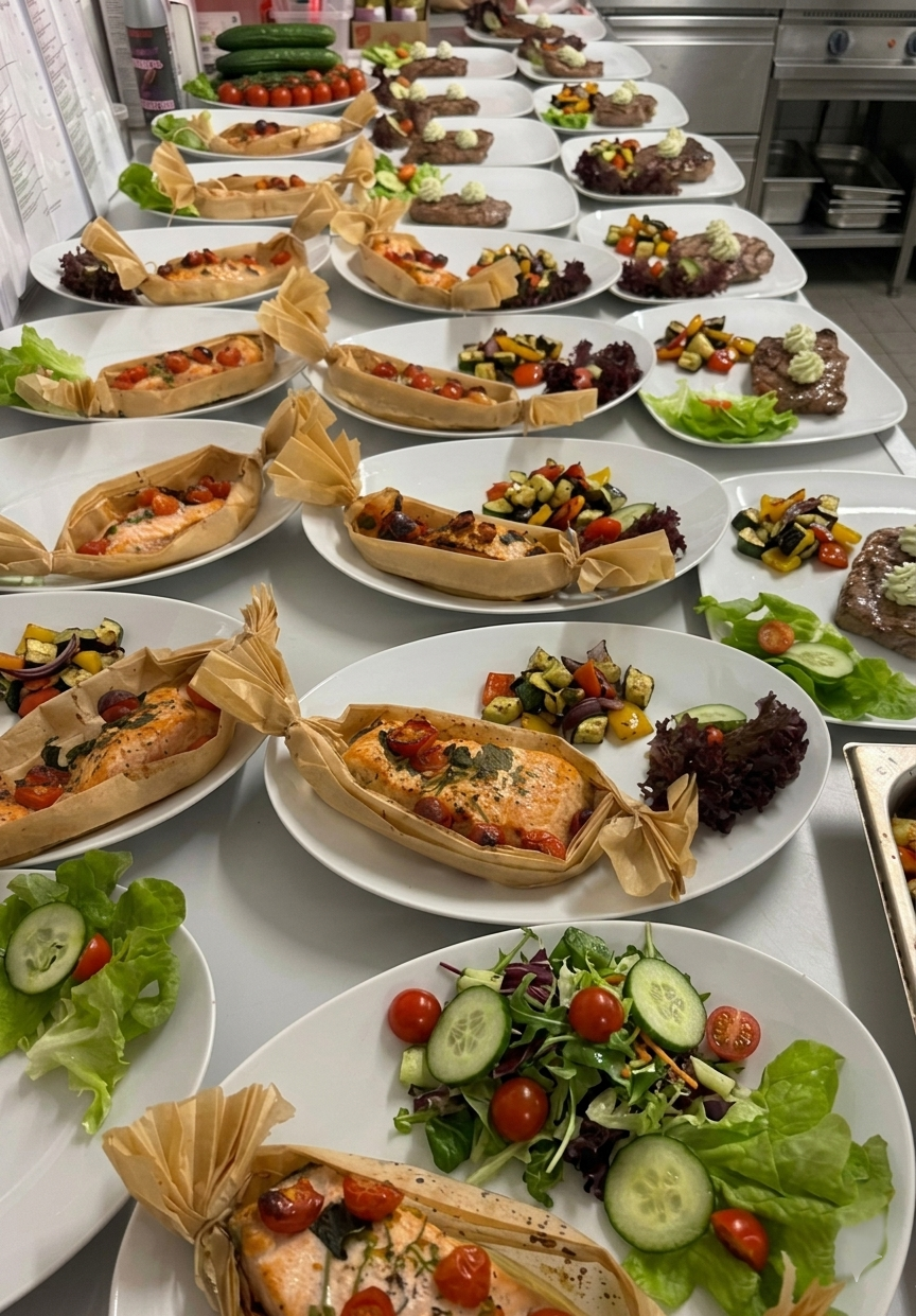 Kitchen preparation for catering event