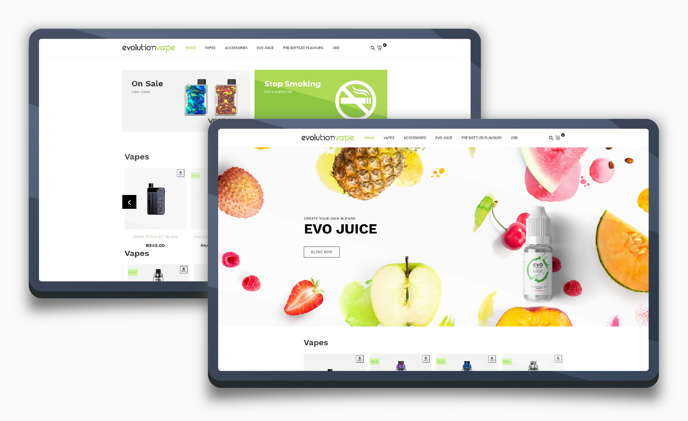 Two tablets showing the legacy Evolutionvape catalogue website, with a white "On Sale" and "Stop Smoking" banner layout and a colourful fruit-themed "Evo Juice" blending section