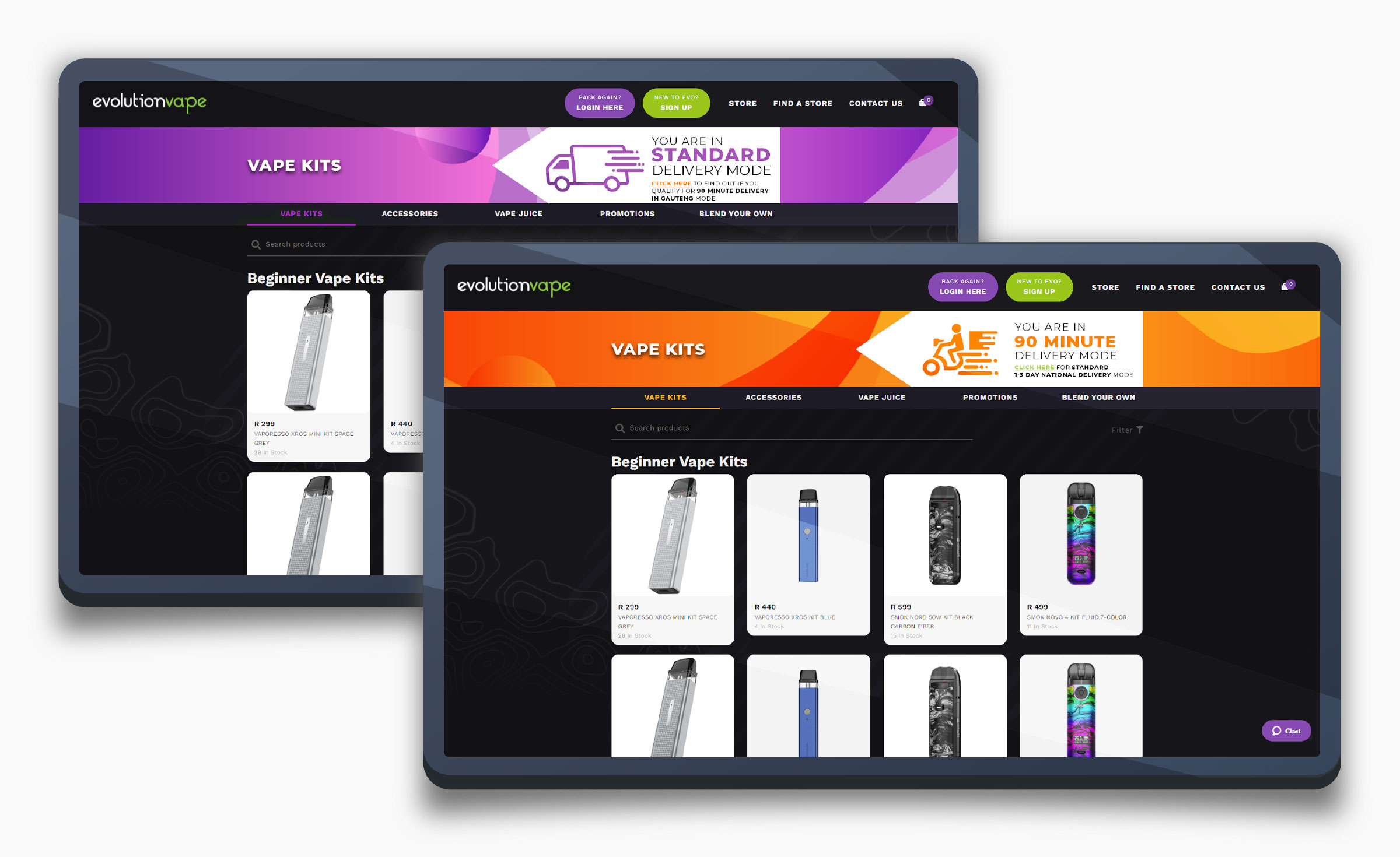 Two overlapping tablets comparing the Evolutionvape Vape Kits page in purple "Standard Delivery" mode versus orange "90 Minute Delivery" mode