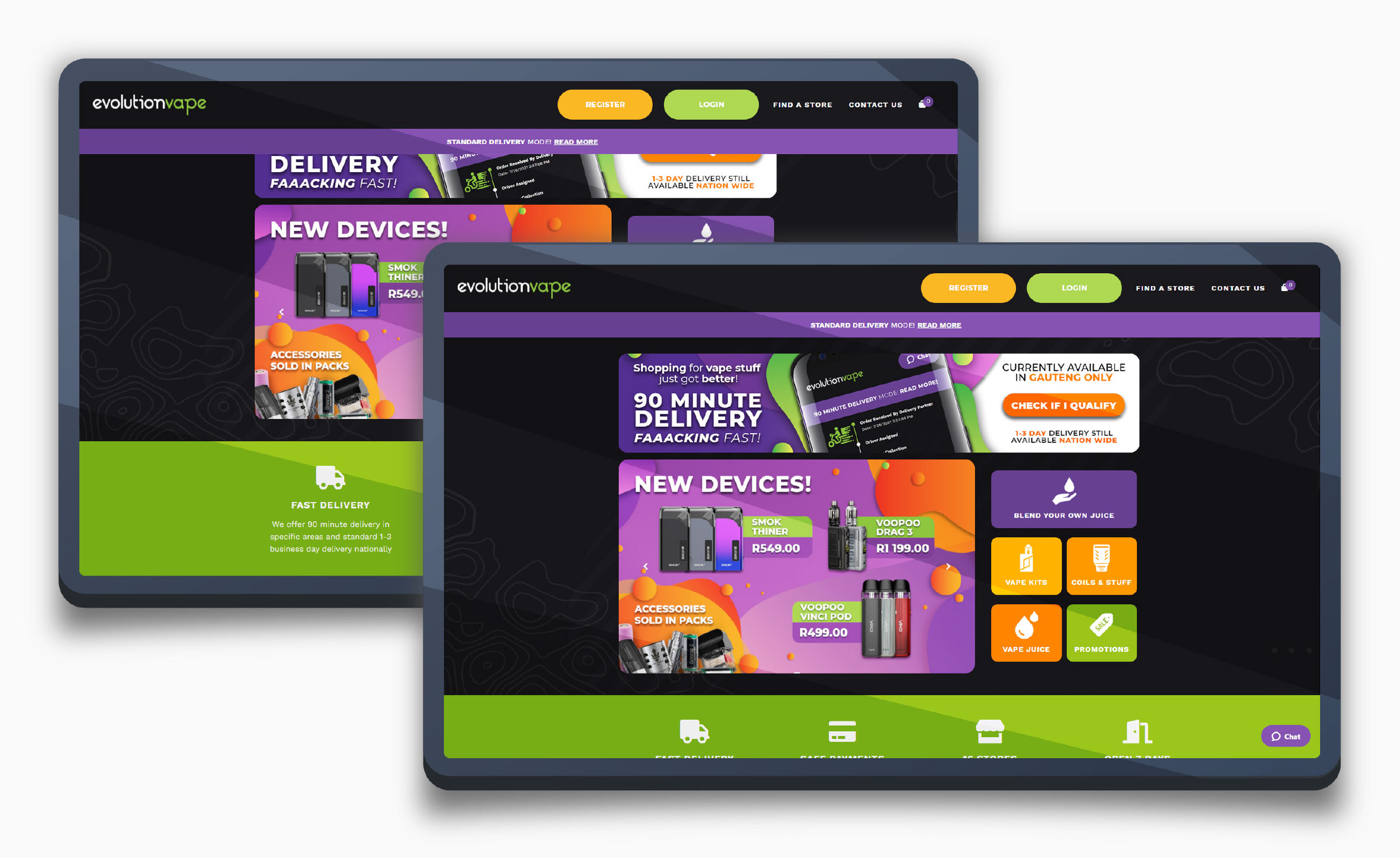Two overlapping tablets showing the redesigned dark-themed Evolutionvape homepage with a "90 Minute Delivery" banner, a "New Devices!" product carousel, and a fast-delivery info strip
