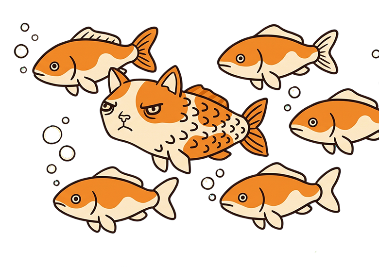School of koi fish with grumpy catfish