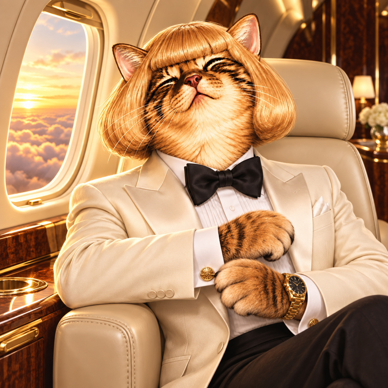 Philcate relaxing in a private jet in a white dinner jacket at sunset