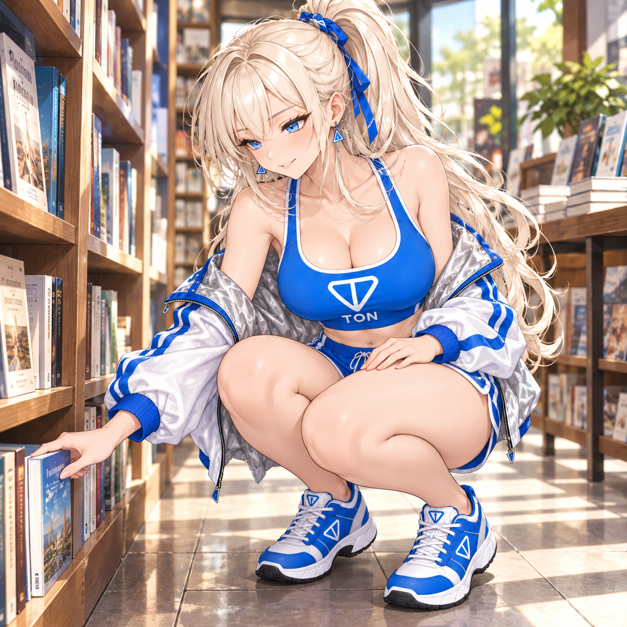 Blonde TON mascot browsing books in a sunlit bookstore