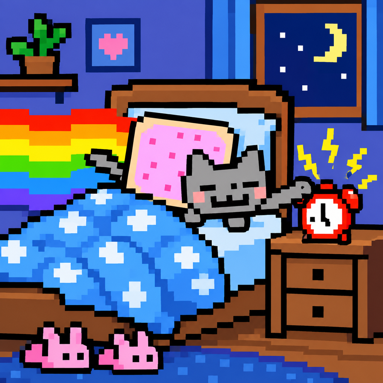 Pixel-art Nyan Cat in bed reaching for a ringing alarm clock
