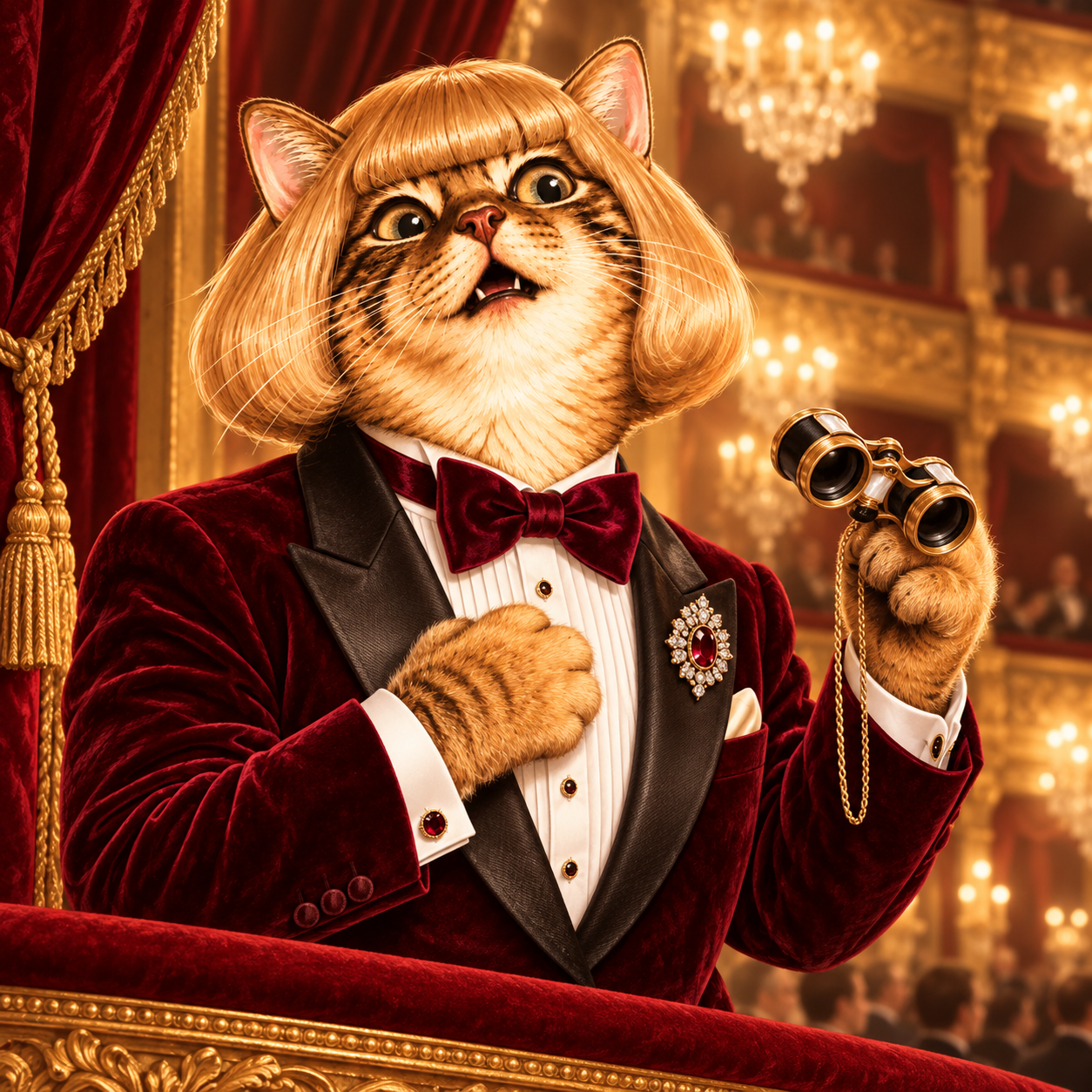 Philcate in a burgundy velvet tuxedo holding opera glasses in a gilded theatre