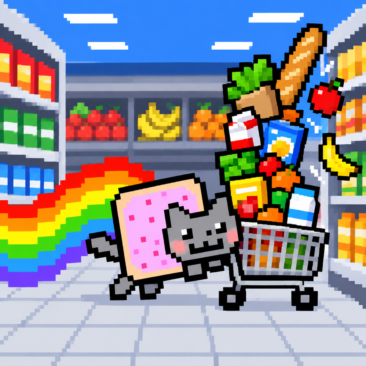 Pixel-art Nyan Cat pushing an overflowing grocery cart