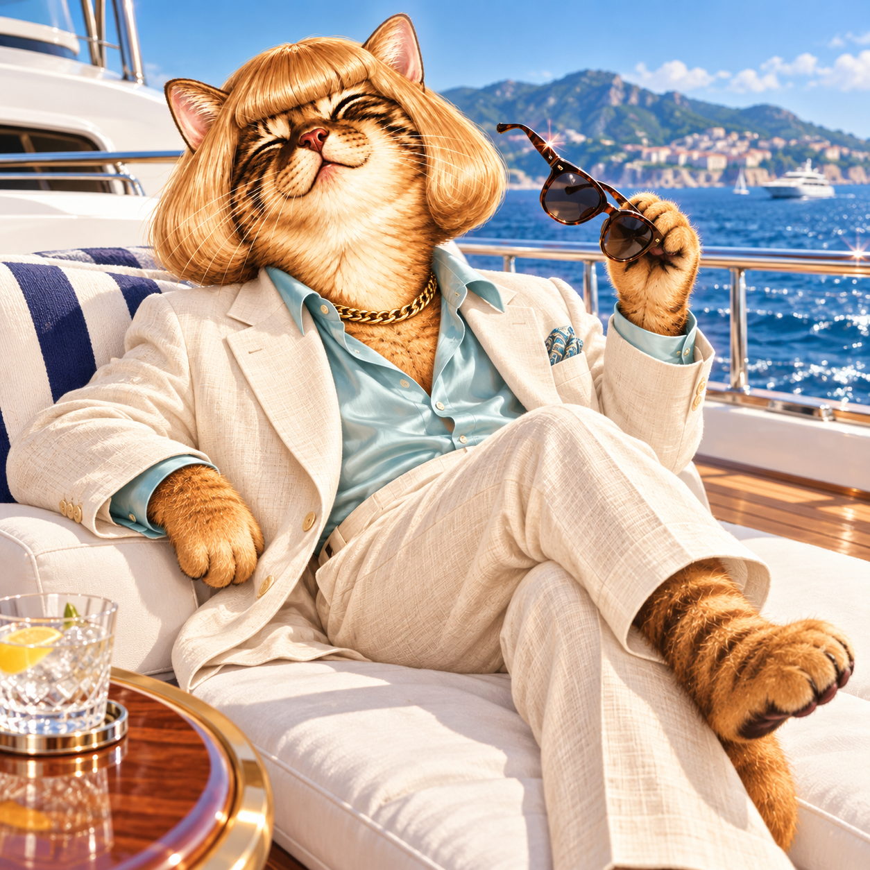 Philcate lounging on a yacht in a white linen suit, holding sunglasses