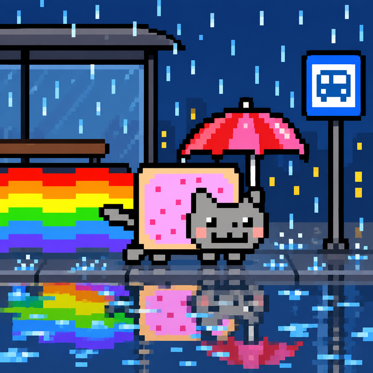Pixel-art Nyan Cat with an umbrella at a rainy bus stop