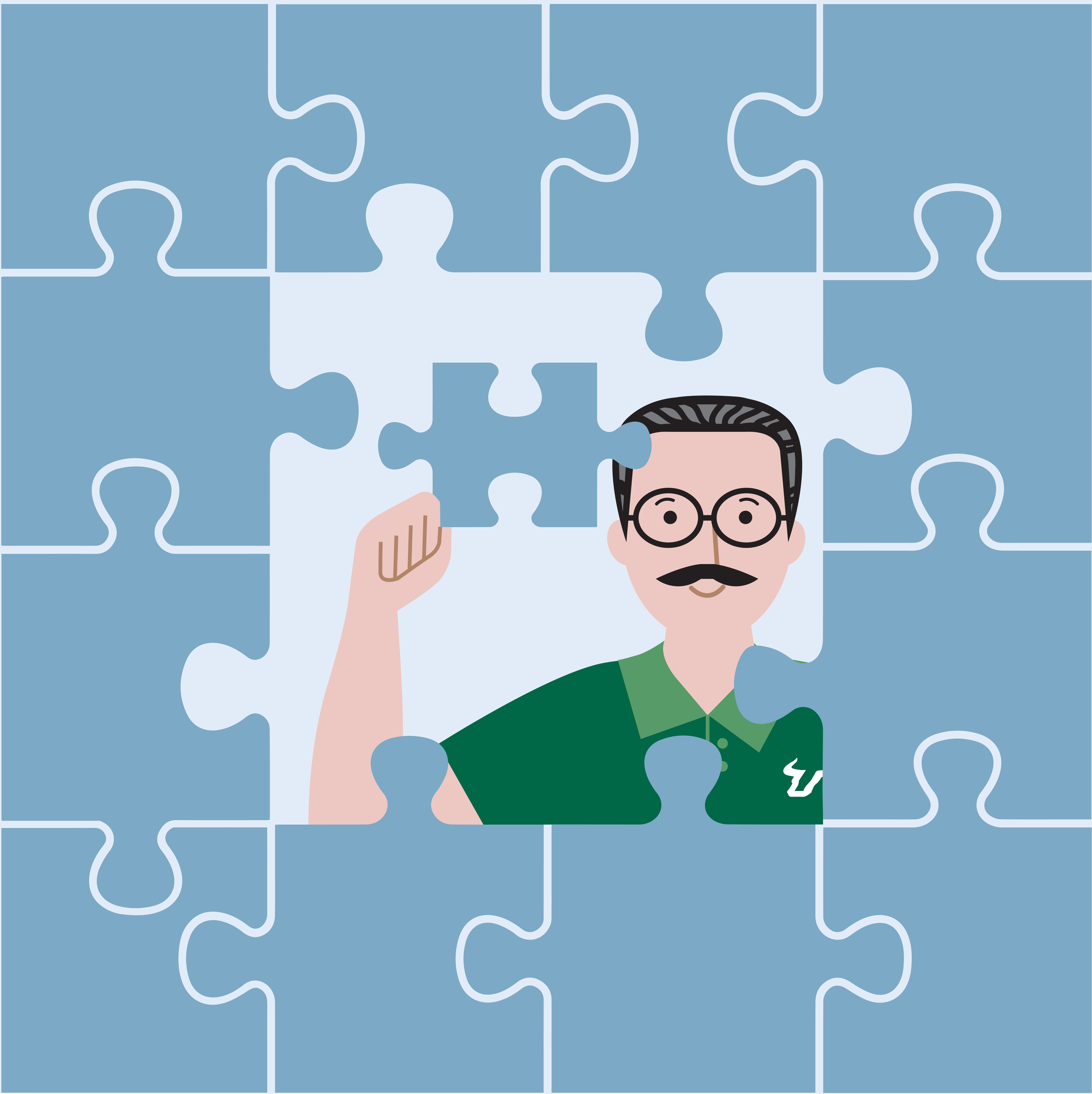 Illustration of a professor fitting a puzzle piece into a large blue jigsaw puzzle.