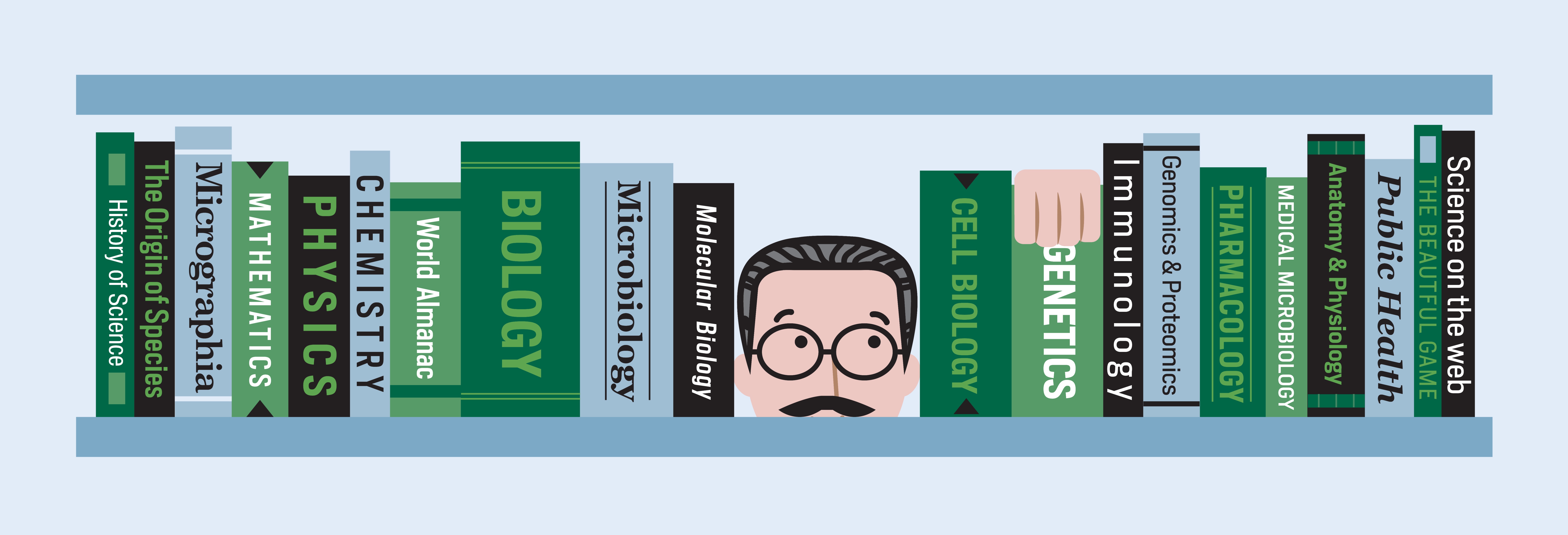 Illustration of a bookshelf full of science book spines with the professor peeking over the top.