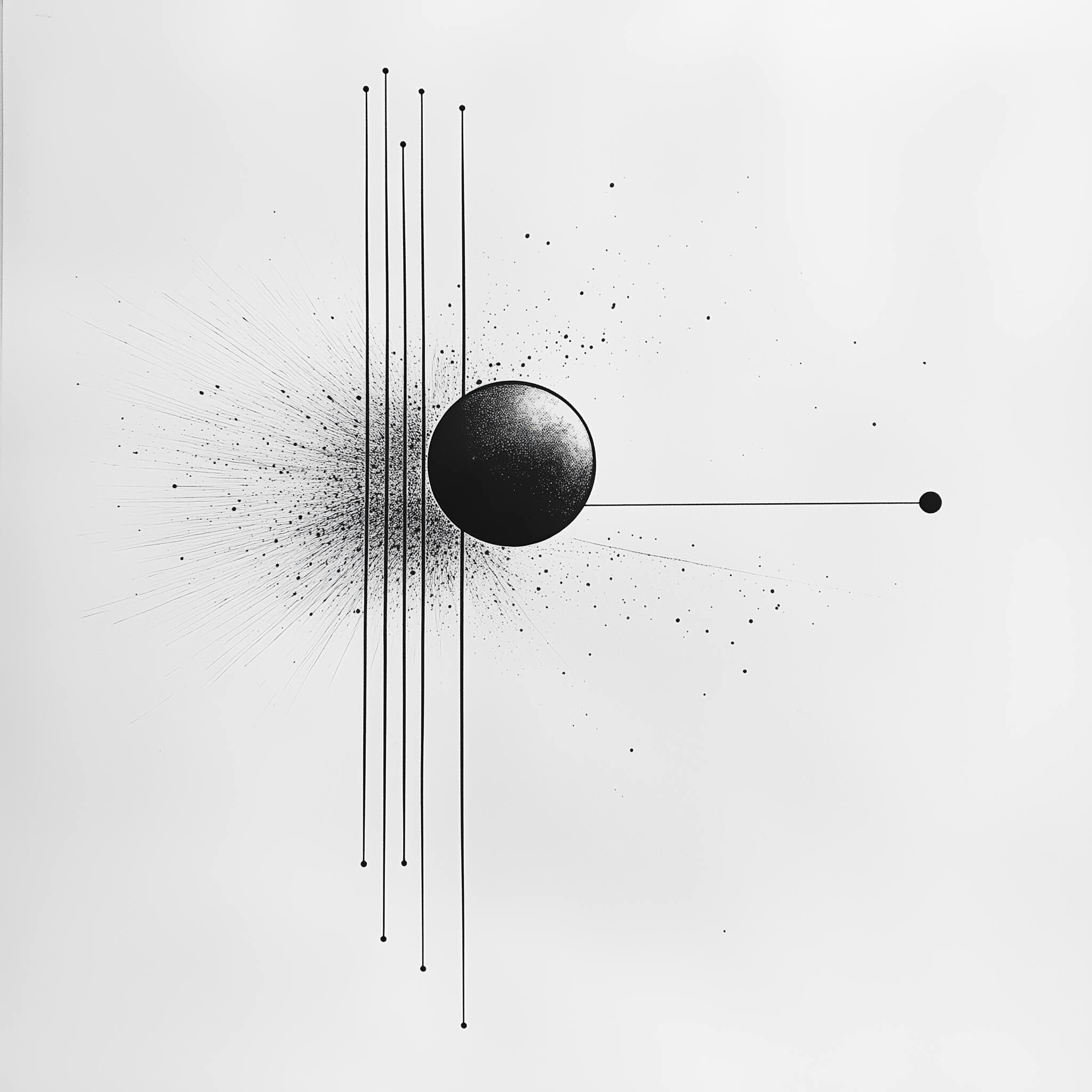 Expanding Universe - Minimalist black and white illustration of a cosmic sphere with radiating lines