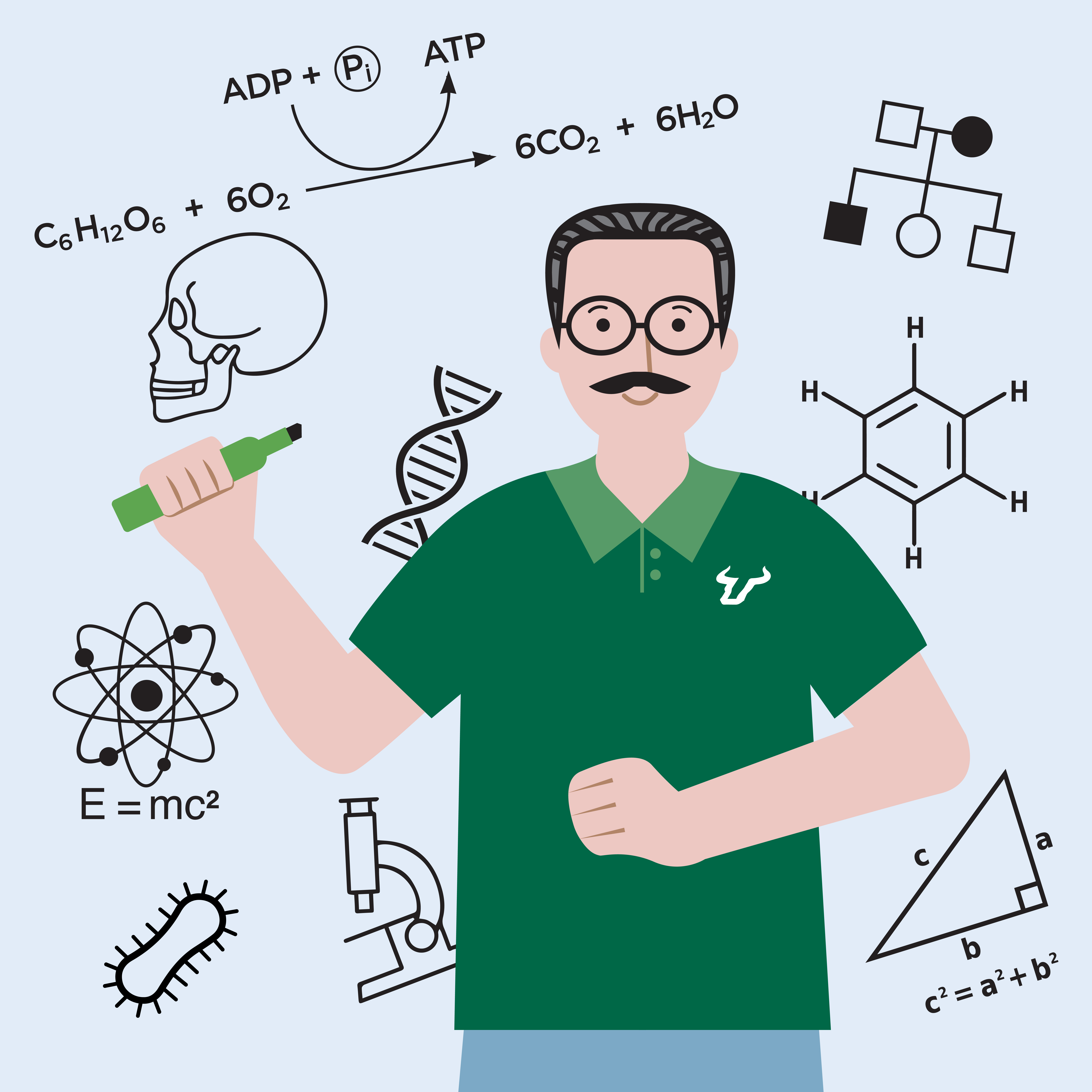 Illustration of a mustached professor holding a marker, surrounded by science doodles including DNA, an atom, a benzene ring and equations.