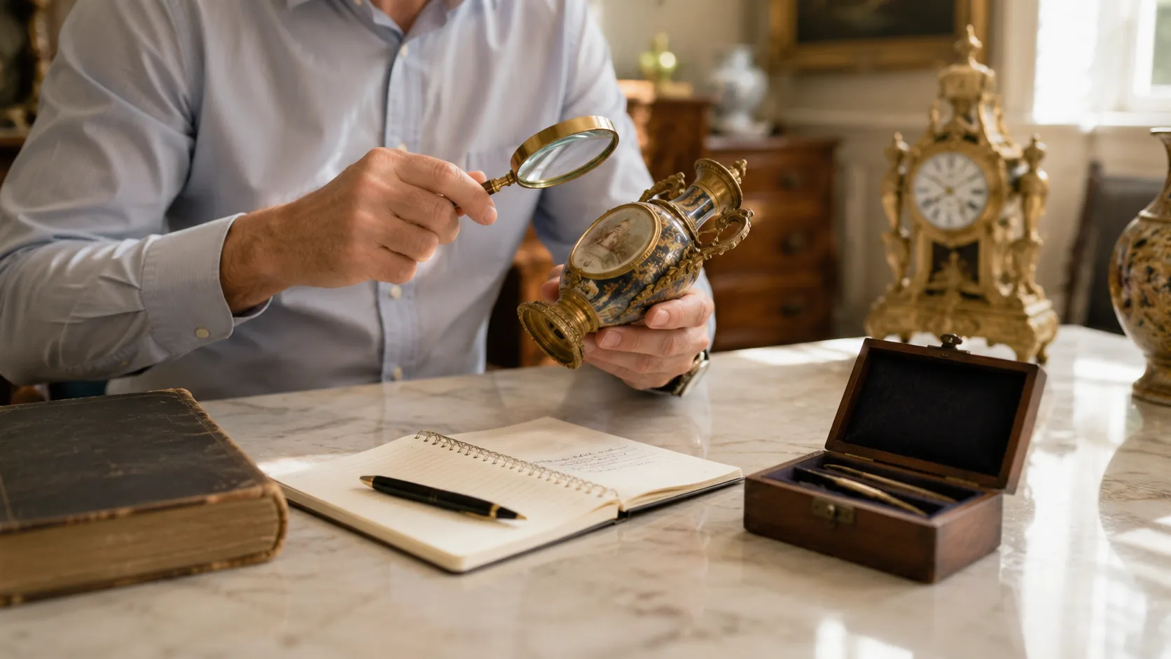 Professionnel examinant un objet ancien avec une loupe à son bureau