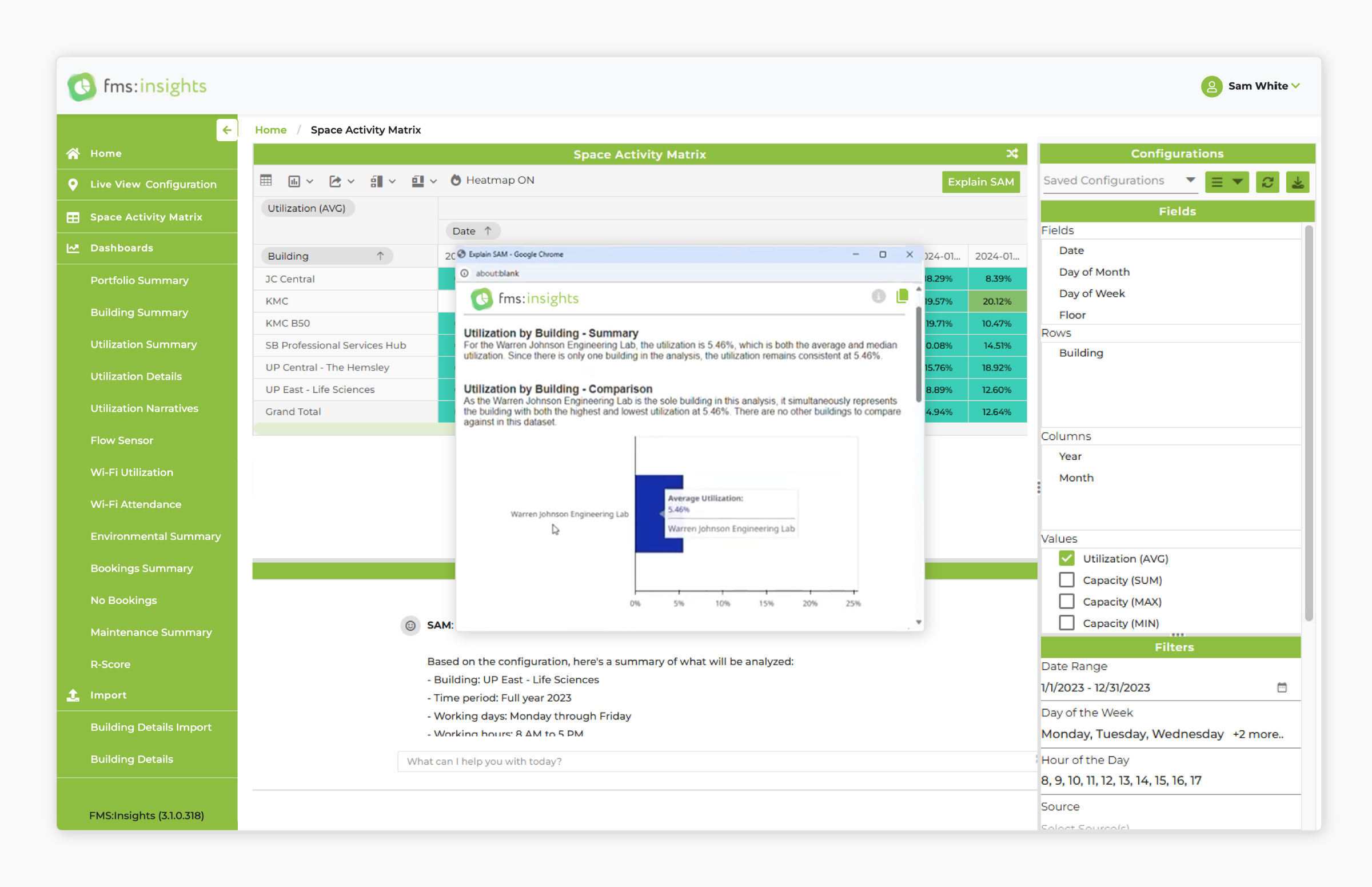 Explain SAM contextual analysis in a modal overlay
