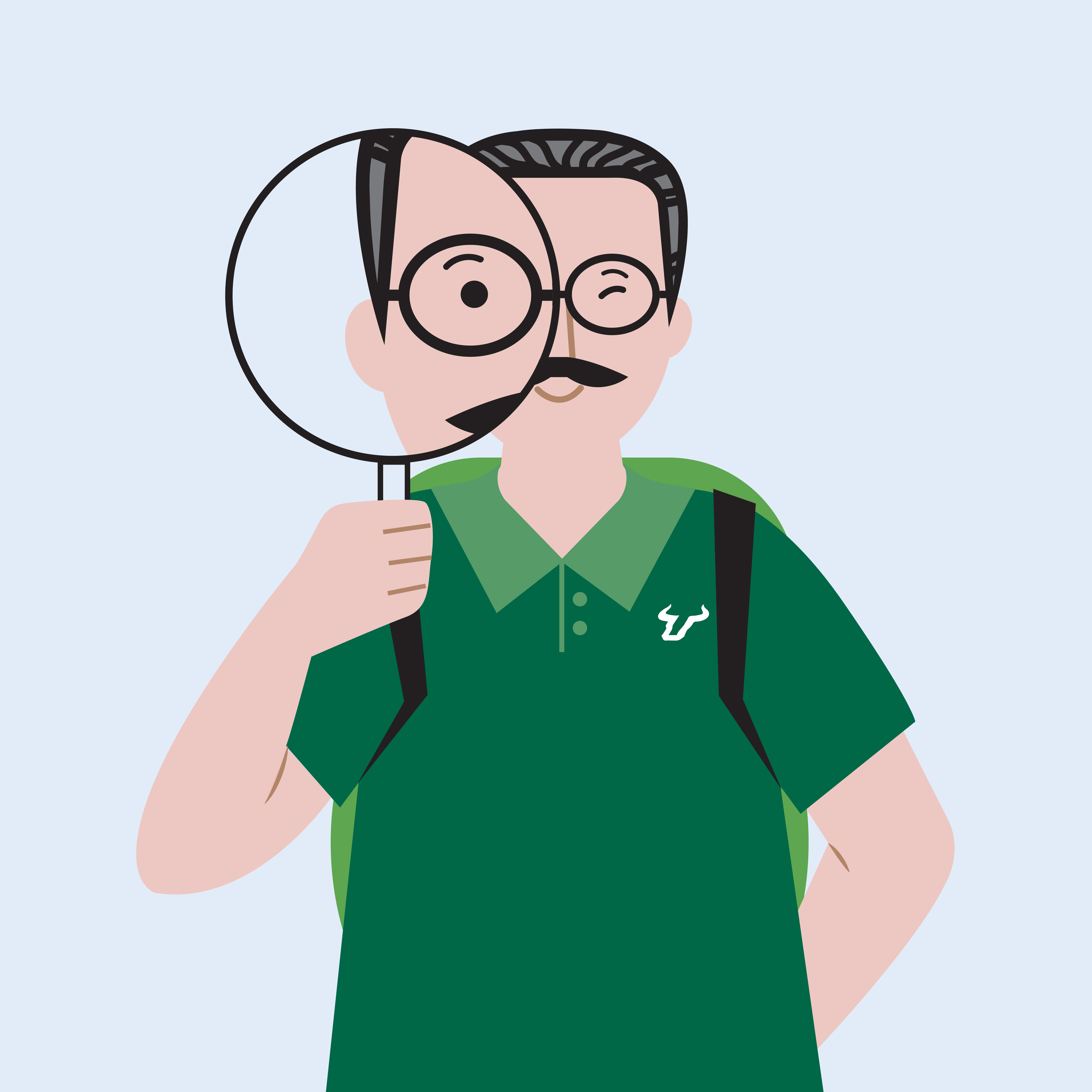 Illustration of the Bioknowlogy professor holding a magnifying glass over half his face.