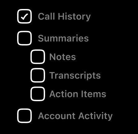 Export data options checklist showing Call History, Summaries with nested Notes, Transcripts, Action Items, and Account Activity