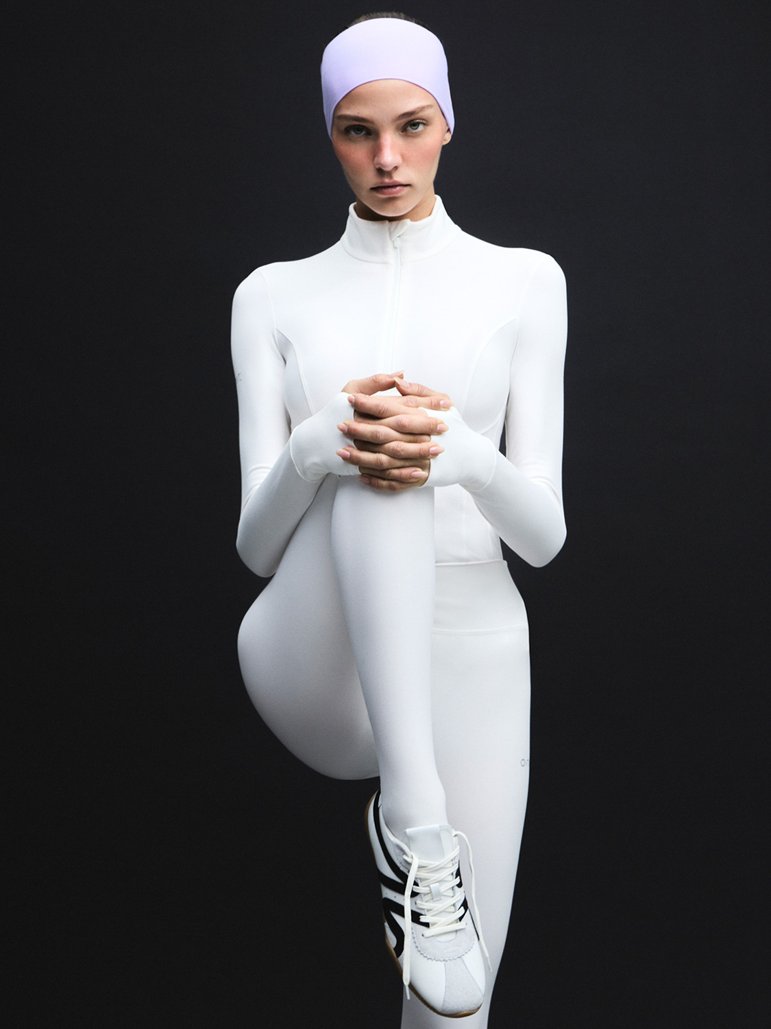 Campaign — white bodysuit, purple headband