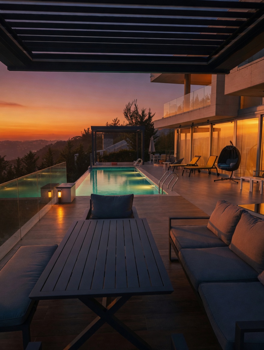 Sunset view of terrace and infinity pool at Zeinoun Villa