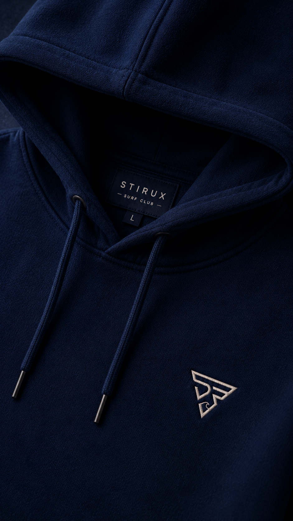 Stirux hoodie front with drawstrings and woven label