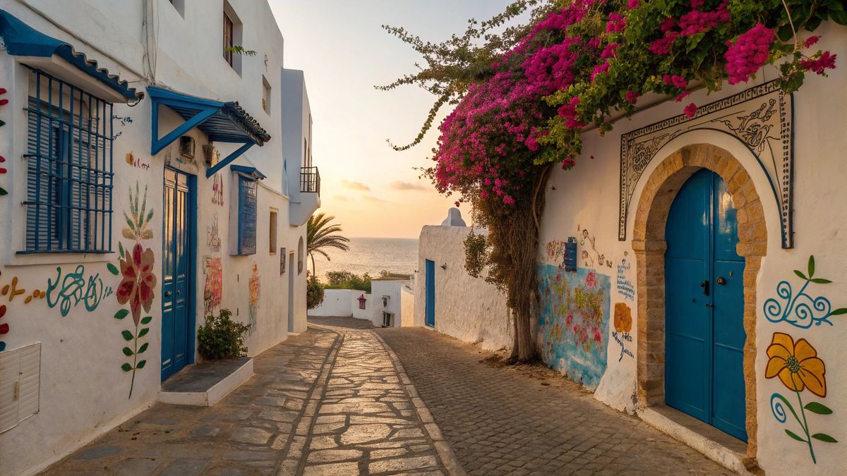 Essaouira blue streets with white-washed buildings and magenta bougainvillea