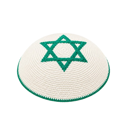 White knitted hat with green pattern