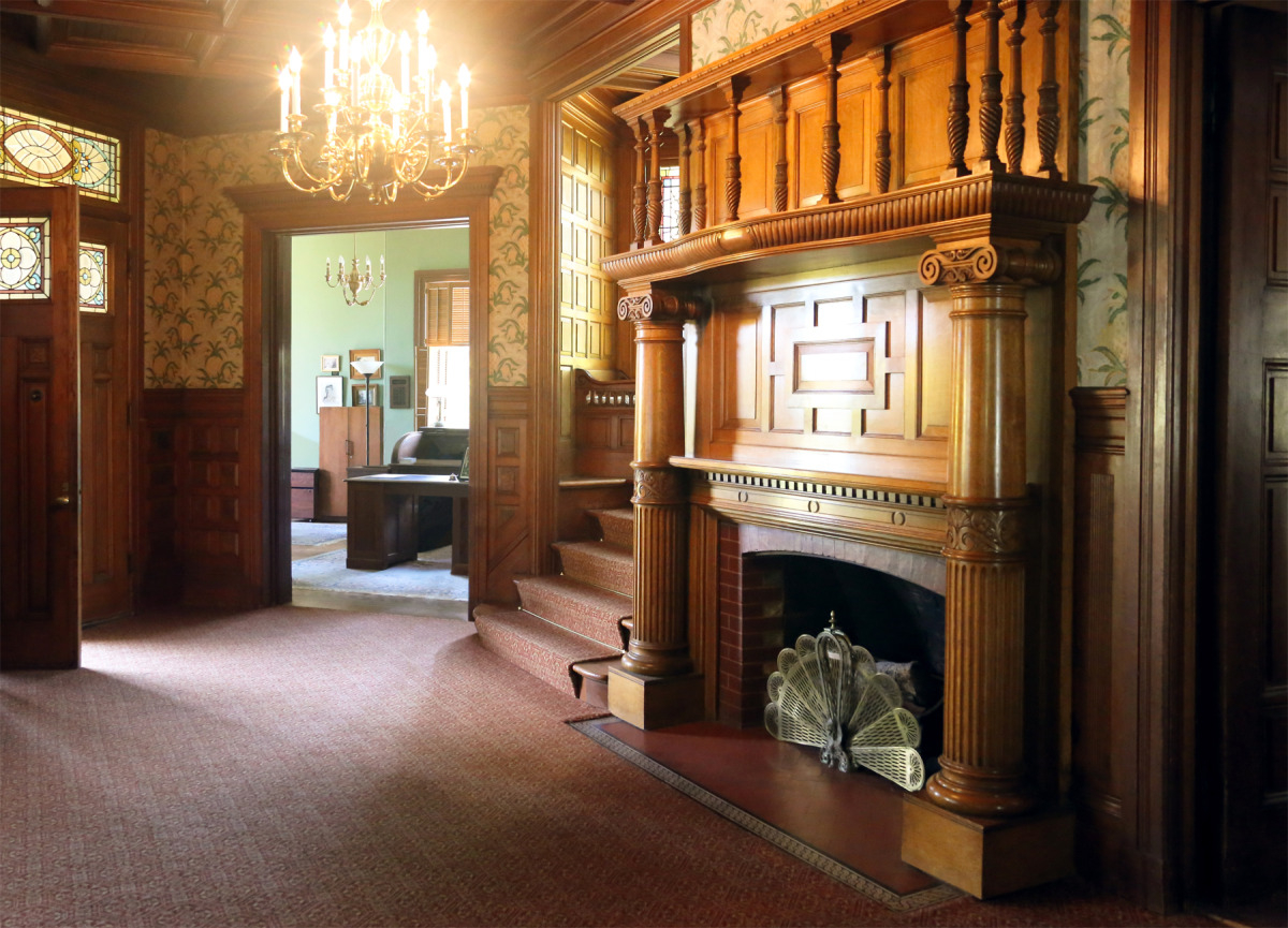 Falkirk Mansion interior - Victorian parlor with ornate fireplace