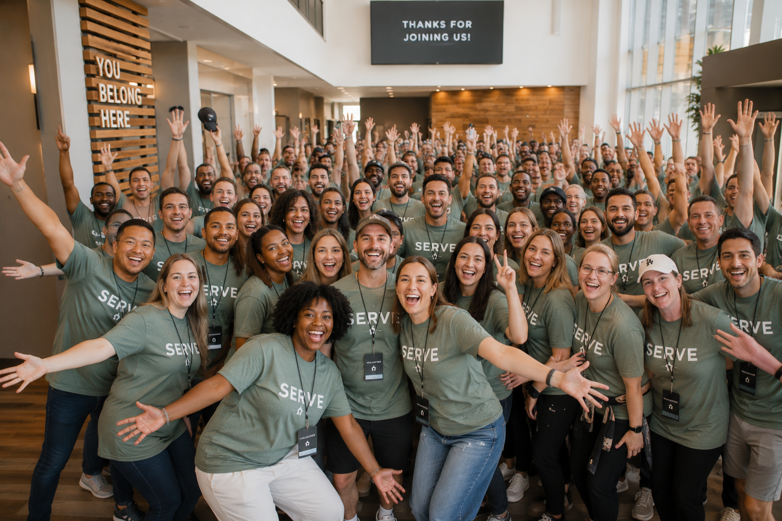 Joyful group of volunteers in matching SERVE shirts at a church event