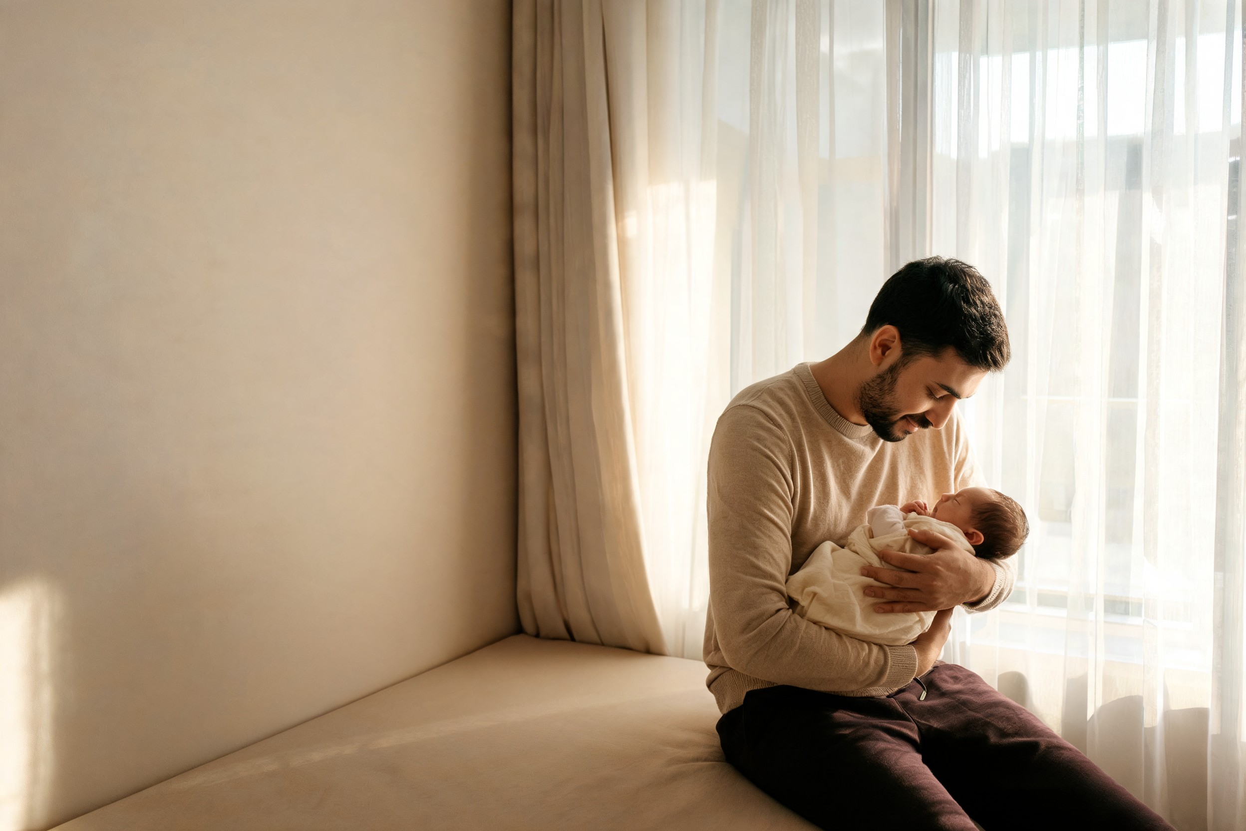 A parent holding a newborn by a sunlit window in a Dubai apartment