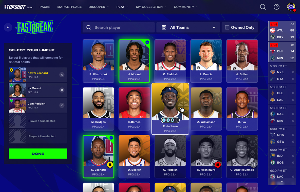 FastBreak player selection interface with live scores