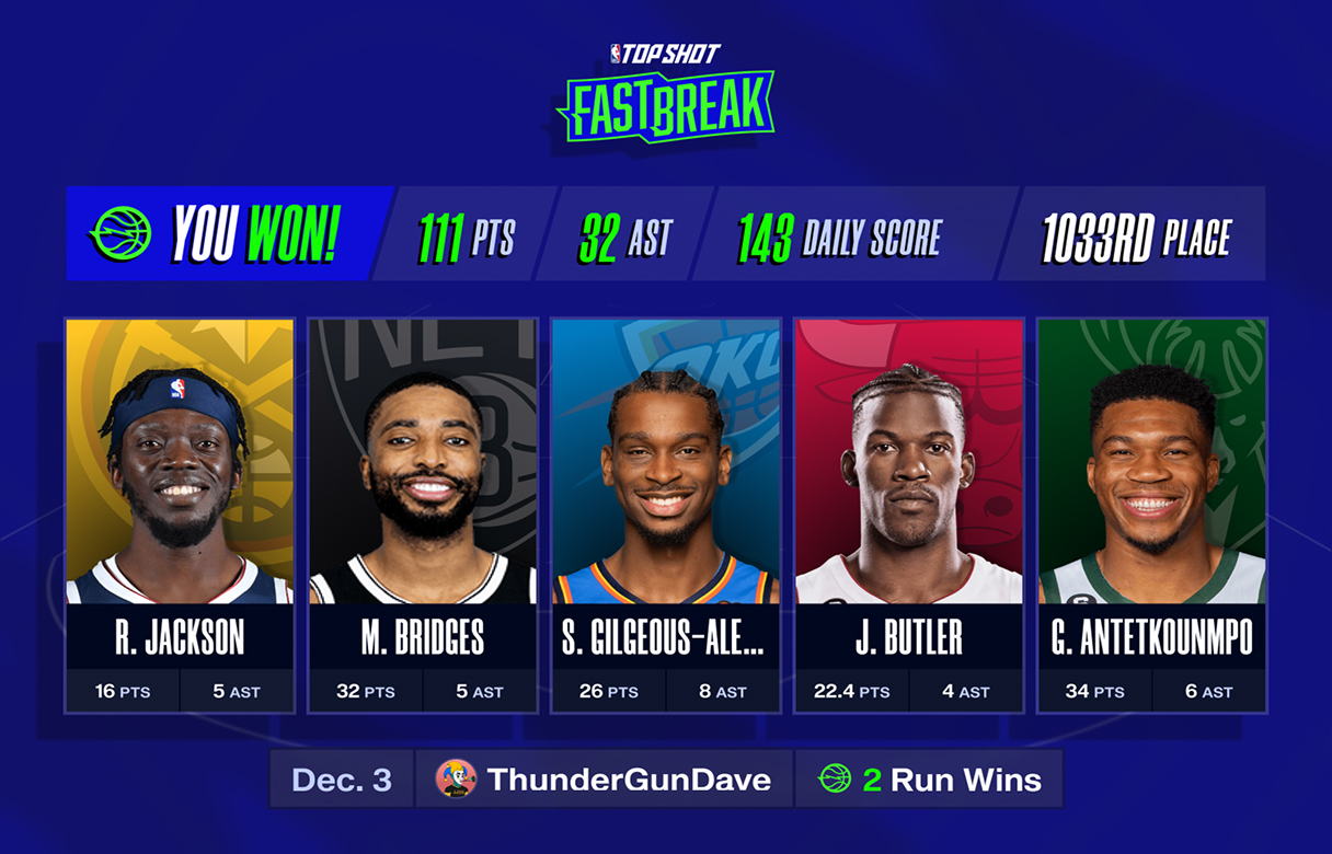 FastBreak game results - YOU WON with player stats