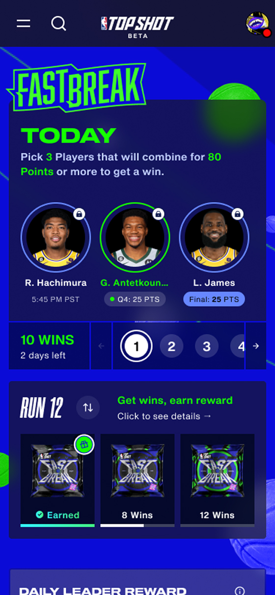 FastBreak mobile home screen with TODAY challenge