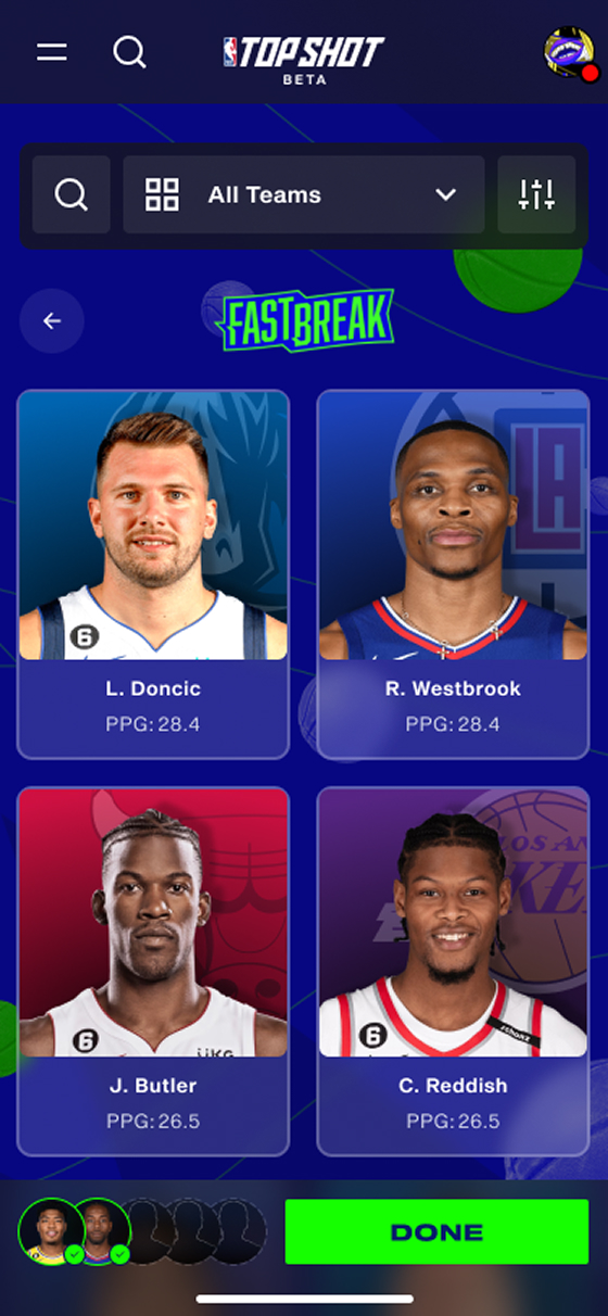 FastBreak player selection grid