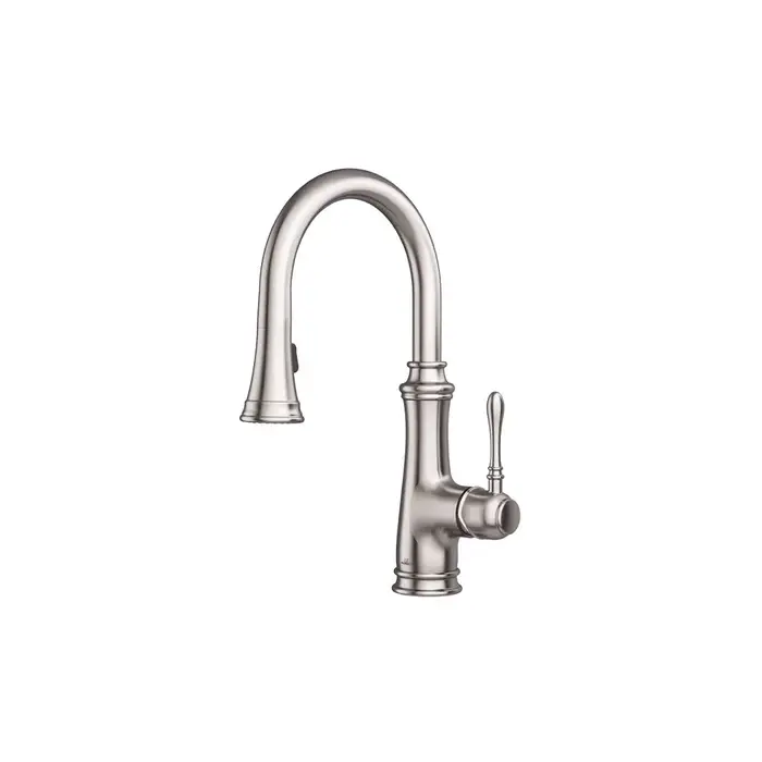 Traditional brushed nickel kitchen faucet with gooseneck spout