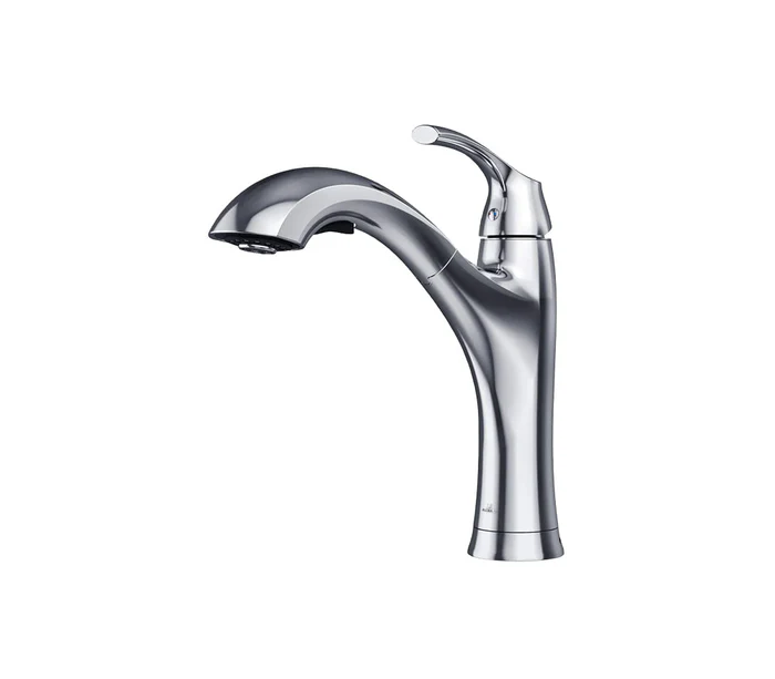 Chrome pull-out kitchen faucet with curved spout