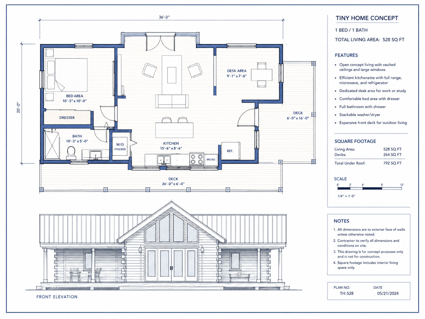 Tiny home floor plan concept, 1 bed 1 bath, 528 square feet