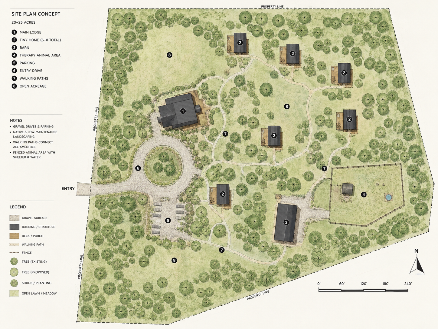 20 to 25 acre site concept plan with lodge, tiny homes, barn, and animal area