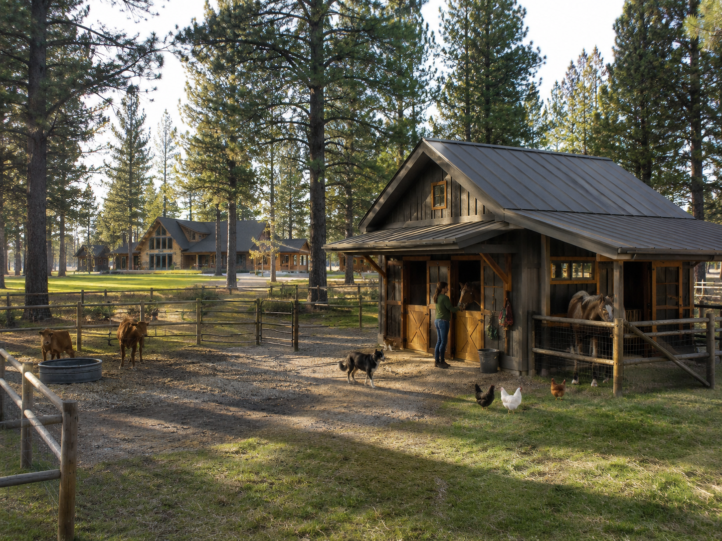 Barn with horses, chickens, and a dog — therapy animals