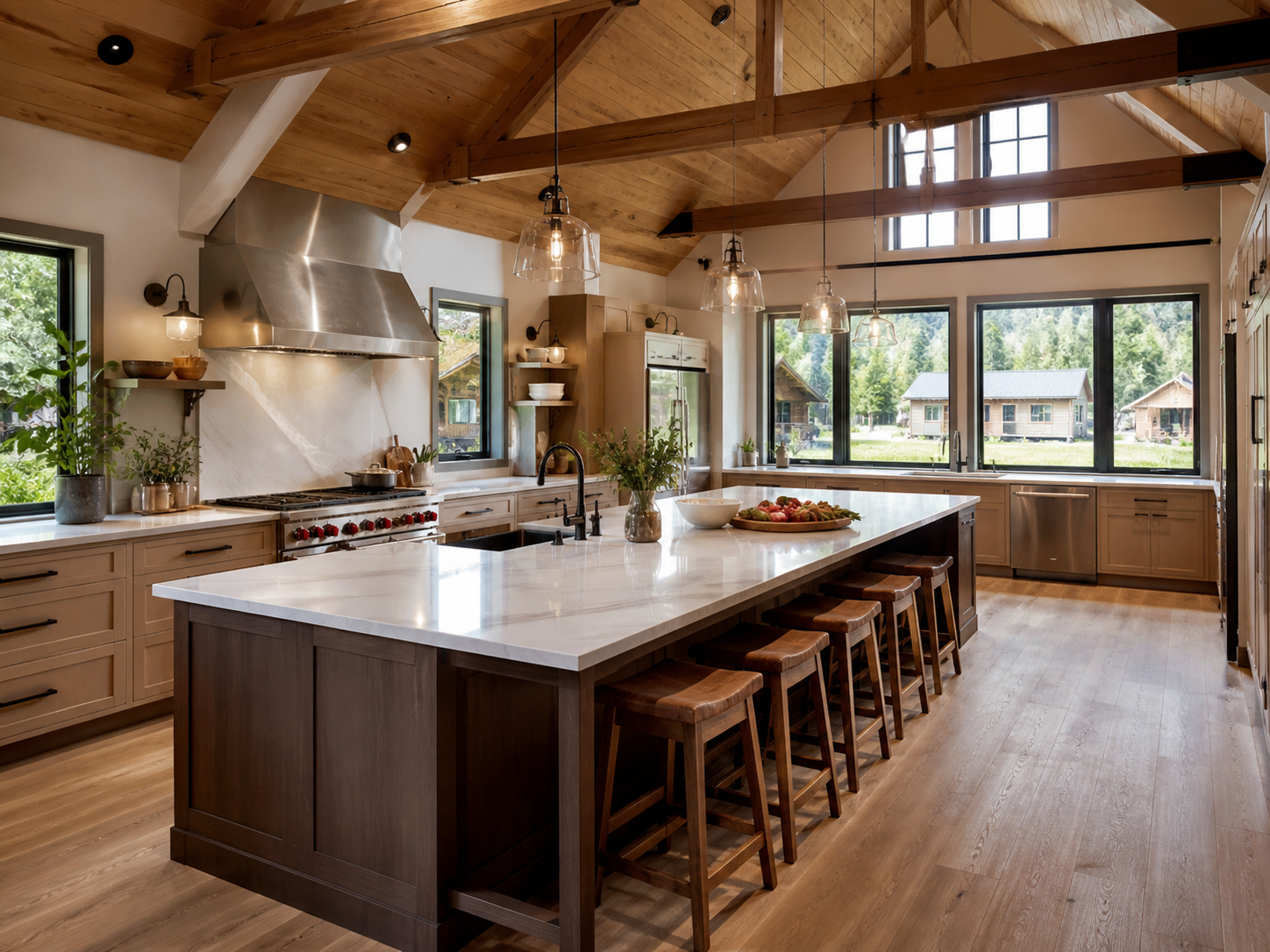 Lodge teaching kitchen with large island