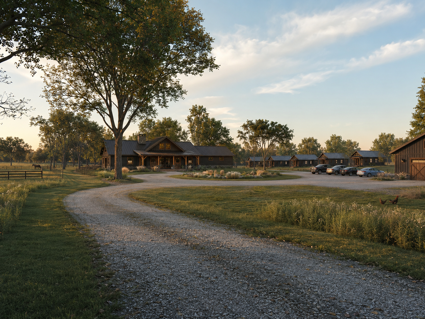 Golden-hour rendering of Fostering Forward Ranch — the main lodge, a row of tiny homes, and the barn along a curving gravel drive
