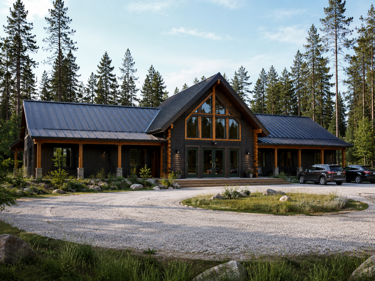 Main lodge exterior, dark timber and metal roof