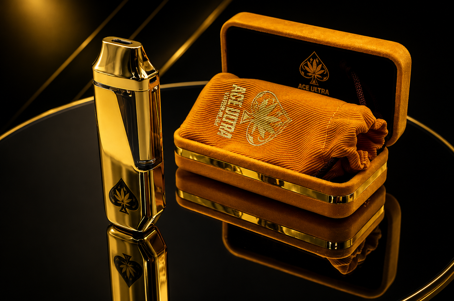 Open gold Ace Ultra Premium case displaying an organized collection of products