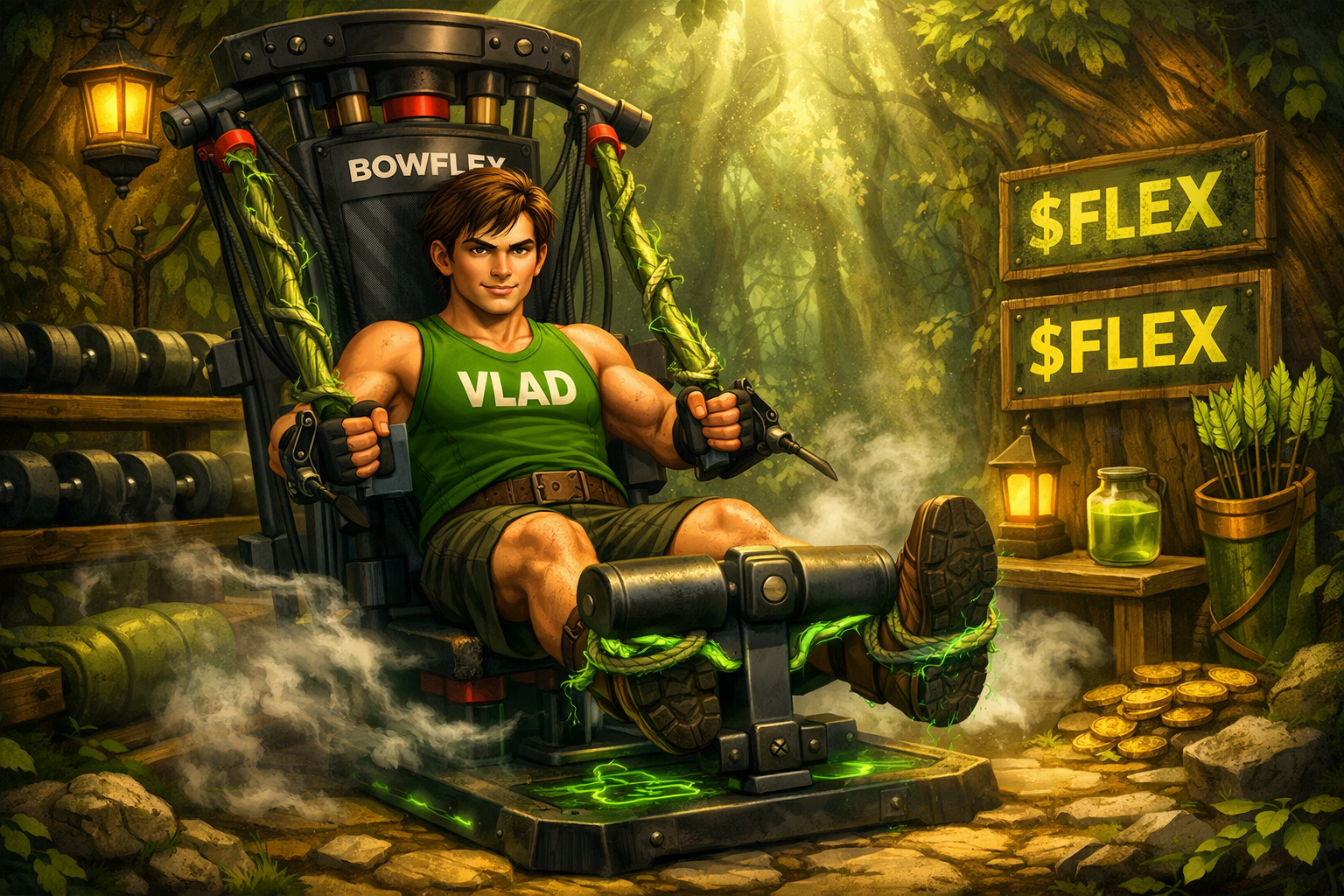 Vlad the Greenbow flexing on his Bowflex altar in the digital forest, gold coins at his feet