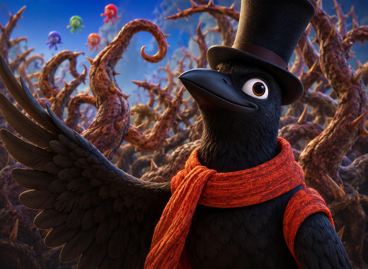 A crow character wearing a top hat and red scarf
