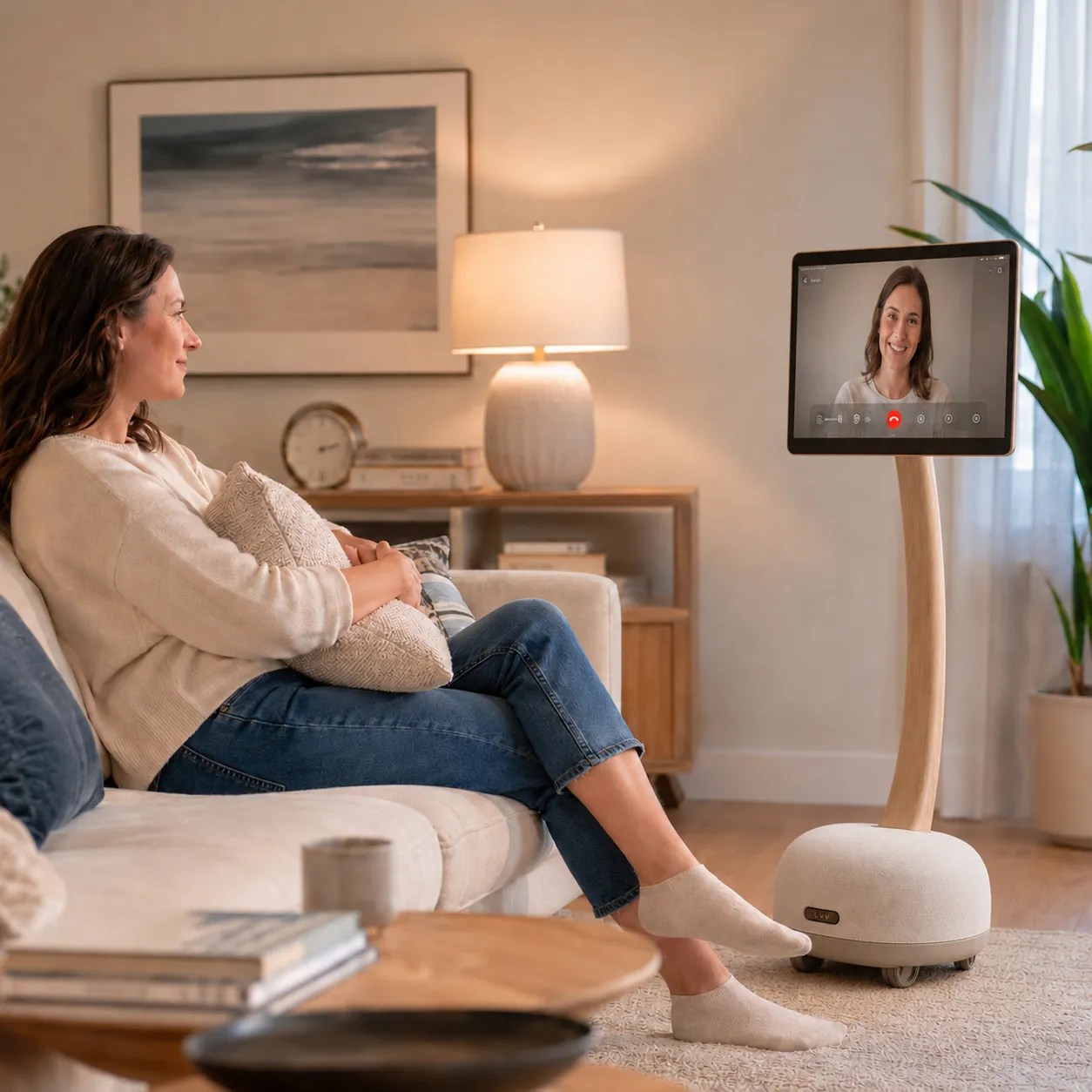 Woman having video call on Lumio in living room