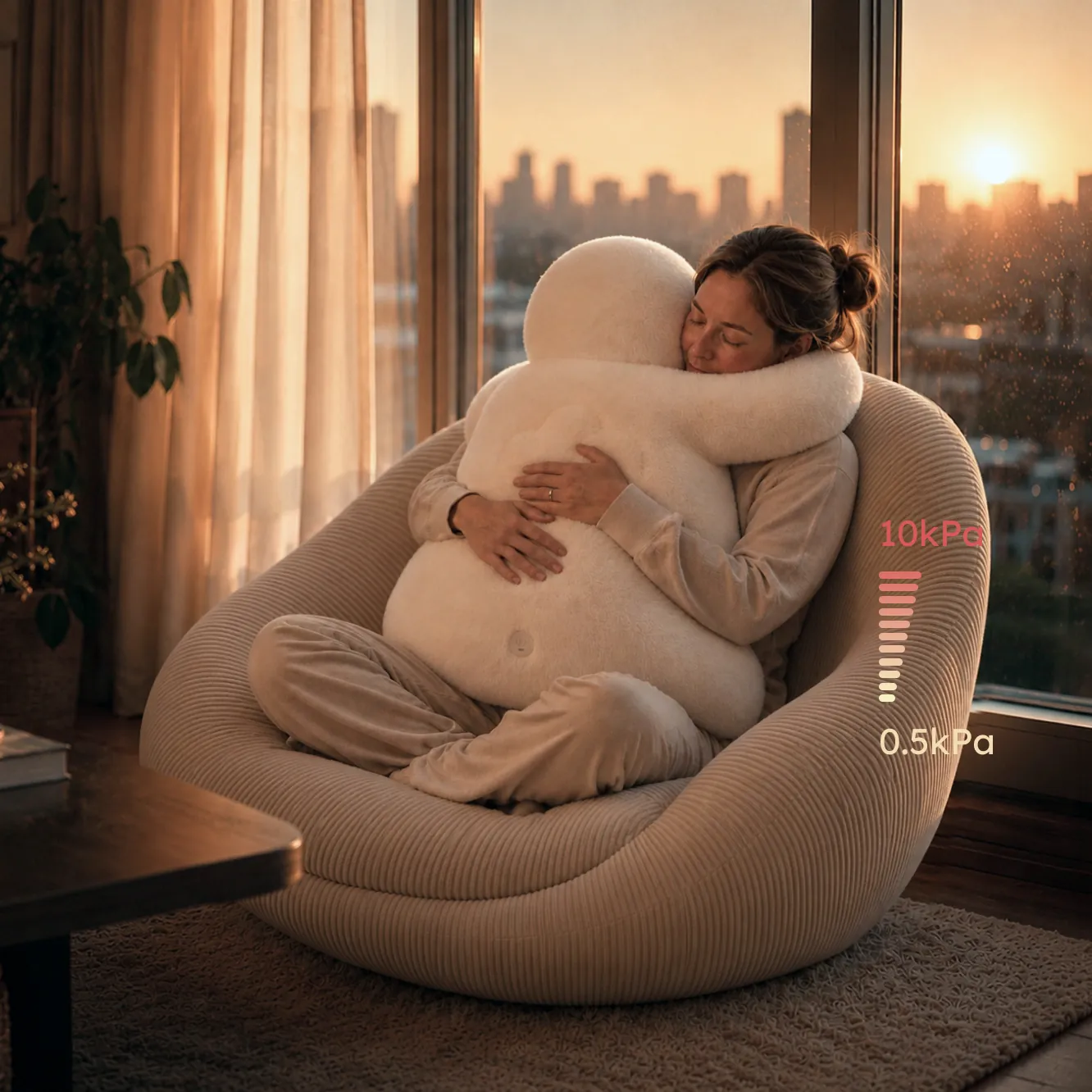 Woman hugging MoYa in cozy bean bag chair at sunset with city skyline view