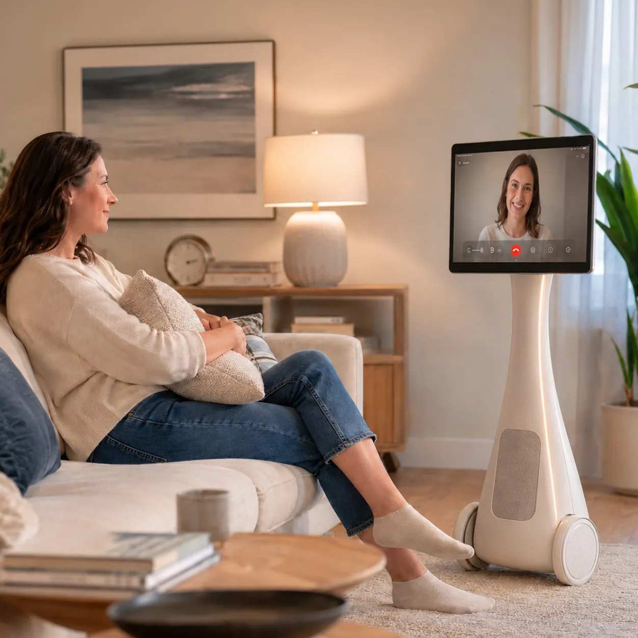 Woman having video call on Lumio in living room