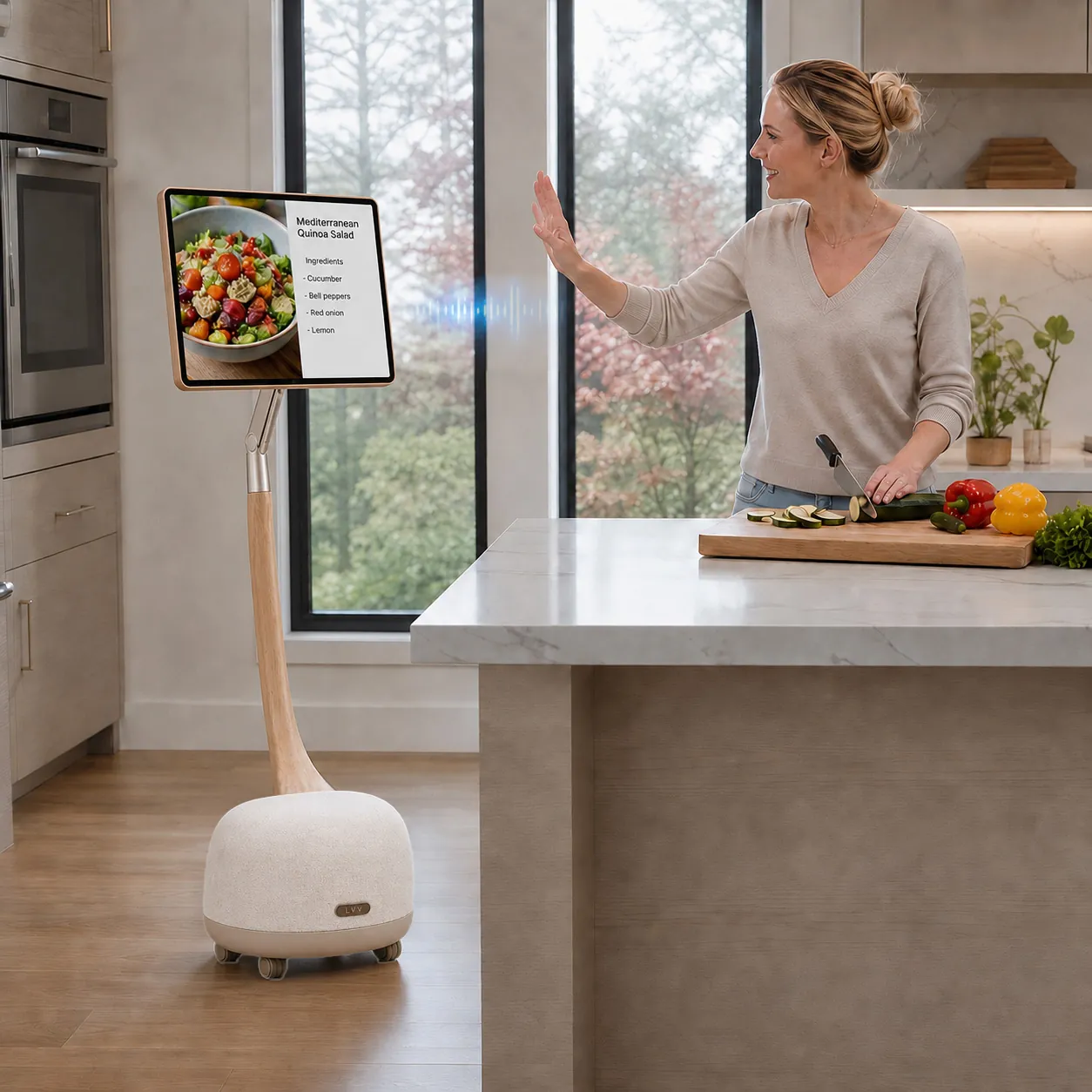 Woman using gesture control with Lumio in kitchen